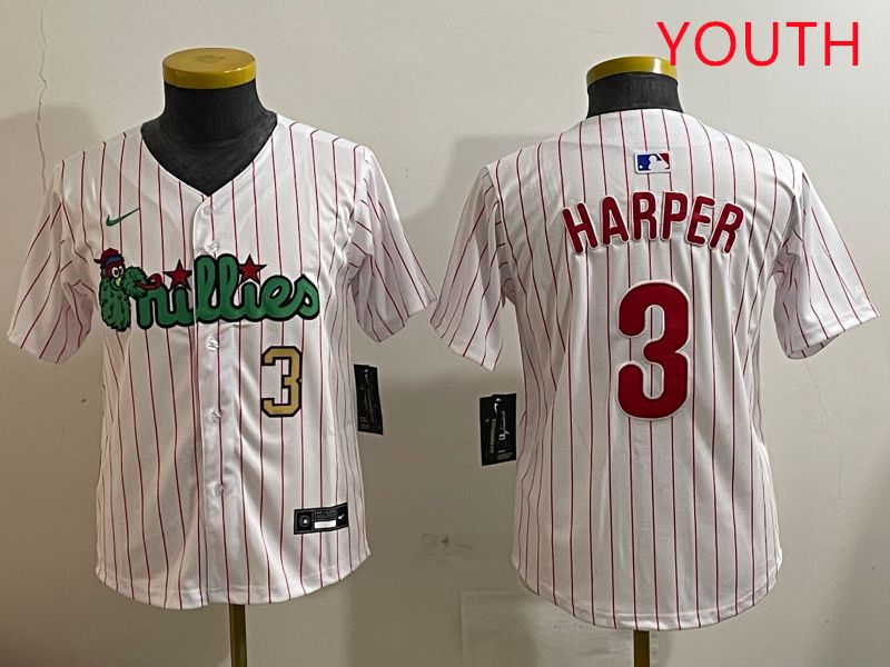 Youth Philadelphia Phillies 3 Harper White three generations Joint Name Nike 2025 MLB Jersey style 2